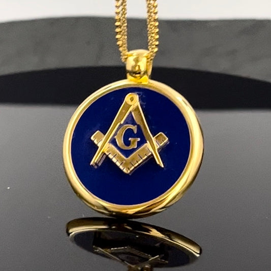 Collar Masónico, Escuadra y Compás Chapado en Oro (Esmalte Azul, Varias Longitudes)