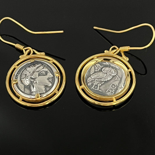 Vieilles pièces Boucles d'oreilles hibou en argent : Style grec ancien, déesse Athéna
