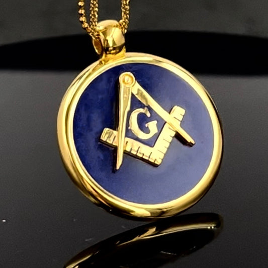 Collar Masónico, Escuadra y Compás Chapado en Oro (Esmalte Azul, Varias Longitudes)