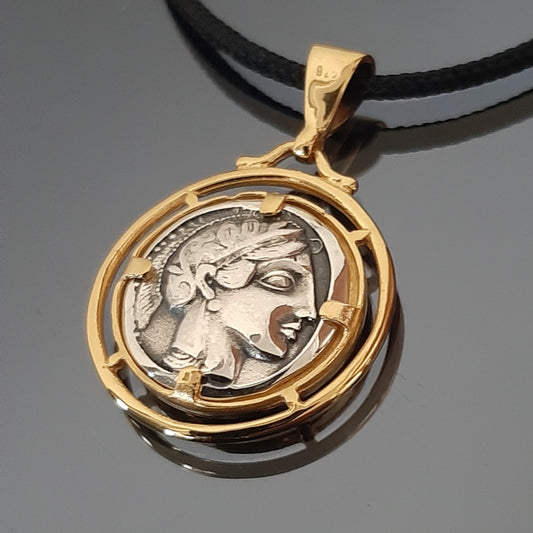 Colgante moneda de búho: Moneda griega de plata esterlina chapada en oro de doble cara