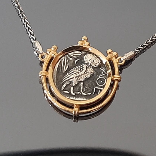 Colgante Moneda Búho: Plata de ley chapada en oro - Tetradracma Griega Antigua