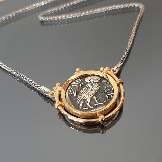 Colgante Moneda Búho: Plata de ley chapada en oro - Tetradracma Griega Antigua