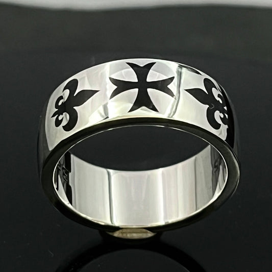 Anillo Cruz Templaria: Cruz cercelada de plata de ley, Flor de Lis