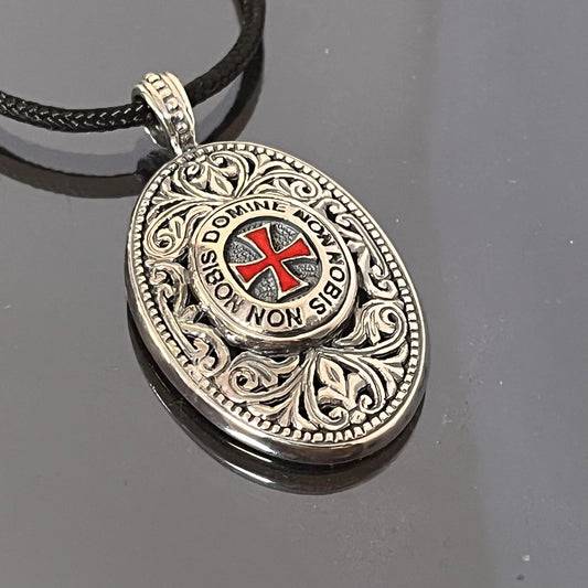Sterling Silver Knight's Templar Cross Pendant: Red Enamel Domine Non-Nobis — 2