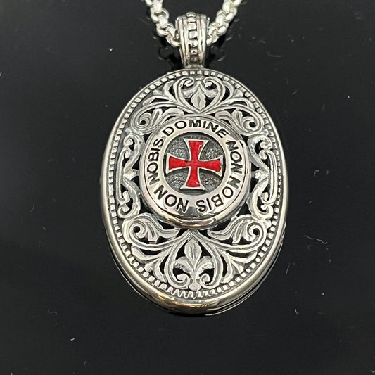 Sterling Silver Knight's Templar Cross Pendant: Red Enamel Domine Non-Nobis