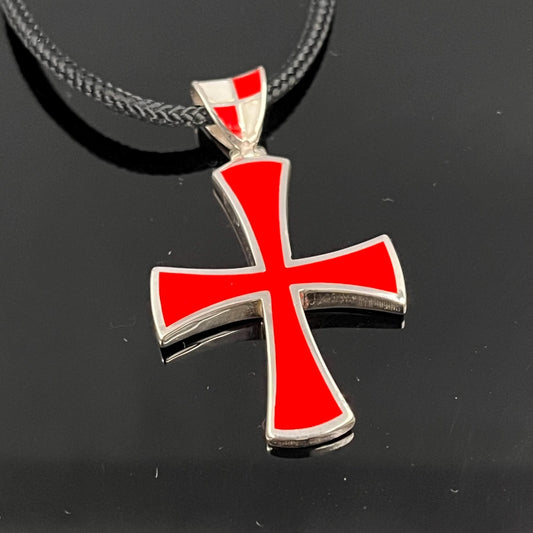 Handmade Sterling Silver Templar Cross Pendant: Red Enamel Jesuit Design