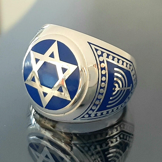 Sterling Silver Star of David Ring: Blue Enamel Jewish Chevalier, King Solomon shield — 3