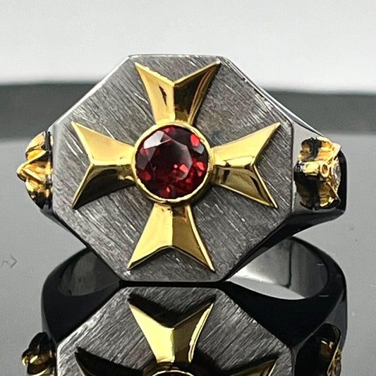Masonic Sterling Silver Signet Ring: Freemason's Gold Cross, Garnet & Diamond