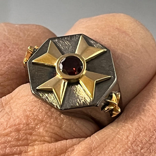 Masonic Sterling Silver Signet Ring: Freemason's Gold Cross, Garnet & Diamond — 6