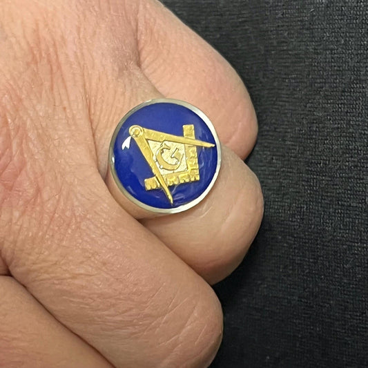 Handmade Sterling Silver Freemason Ring: Blue Enamel Compass, big Solid Chevalier — 5