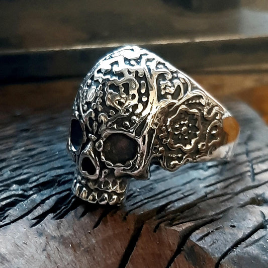 Sugar Skull Chevalier Ring - Sterling Silver Floral Design — 3