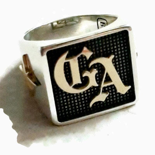 Sterling Silver Family Crest Ring: Oxidized Gold Letter, Square Top — 2