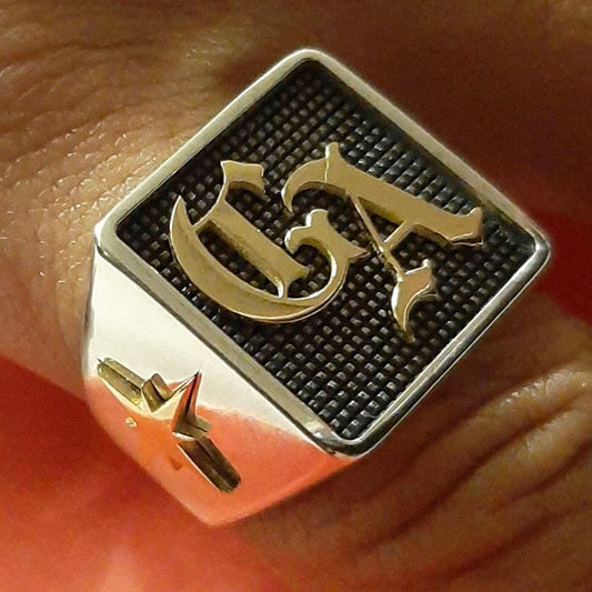 Sterling Silver Family Crest Ring: Oxidized Gold Letter, Square Top — 5