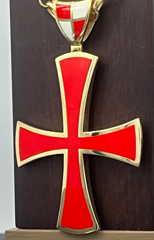 Templar Cross Pendant, Gold-Plated Silver, Red Enamel (50mm, Handmade)