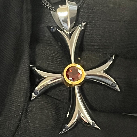 Templar Cross Pendant: Medieval Black Silver with Garnet and Sapphire (50mm) — 2