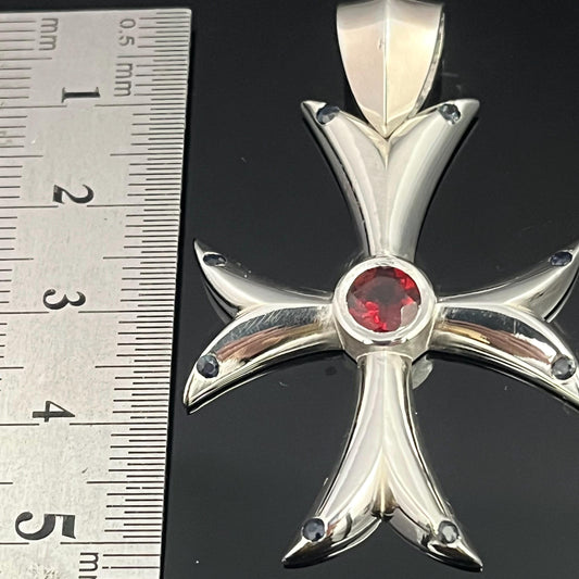 Templar Cross Pendant: Medieval Black Silver with Garnet and Sapphire (50mm) — 7