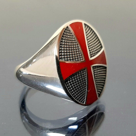 Templar Knight Ring: Red Enamel Cross - Sterling Silver Signet — 3