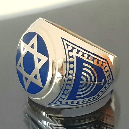 Sterling Silver Star of David Ring: Blue Enamel Jewish Chevalier, King Solomon shield — 4