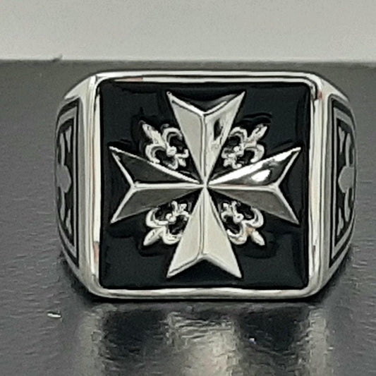 Sterling Silver Templar Ring: Masonic Knight Cross, Fleur de Lis