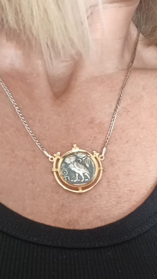 Owl Coin Pendant: Gold-Plated Sterling Silver - Ancient Greek Tetradrachm