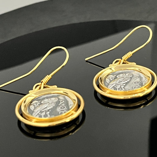 Vieilles pièces Boucles d'oreilles hibou en argent : Style grec ancien, déesse Athéna
