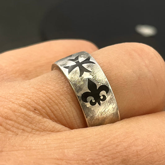 Templar Cross Ring: Sterling Silver Oxidized cross, Fleur de Lis