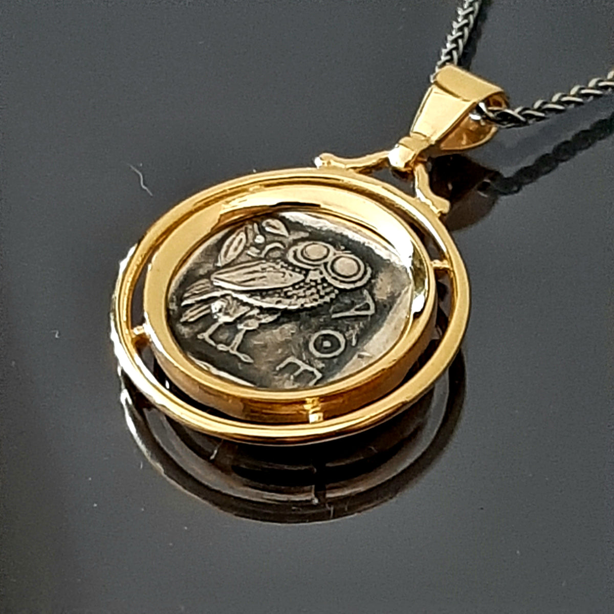 Owl coin Pendant: Gold-Plated Sterling Silver Two-Sided Greek Coin