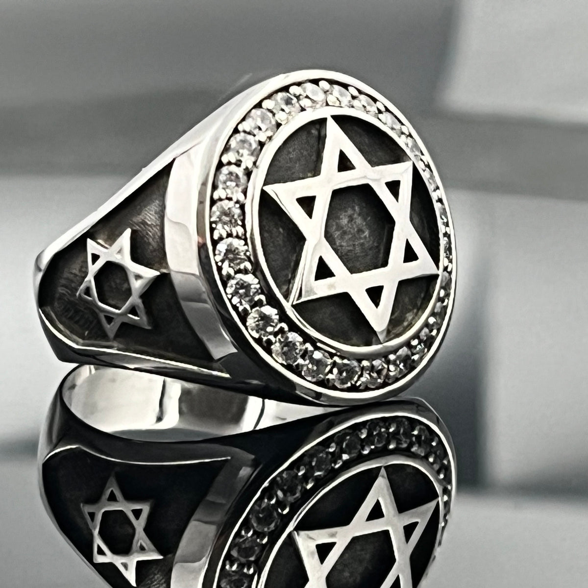 Sterling Silver David Star Ring: White Zirconia Accents - Handmade blackened