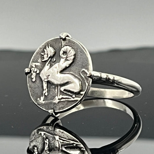Sphinx Signet Ring: Greek Mythology Jewelry (Sterling Silver, Chios Coin).