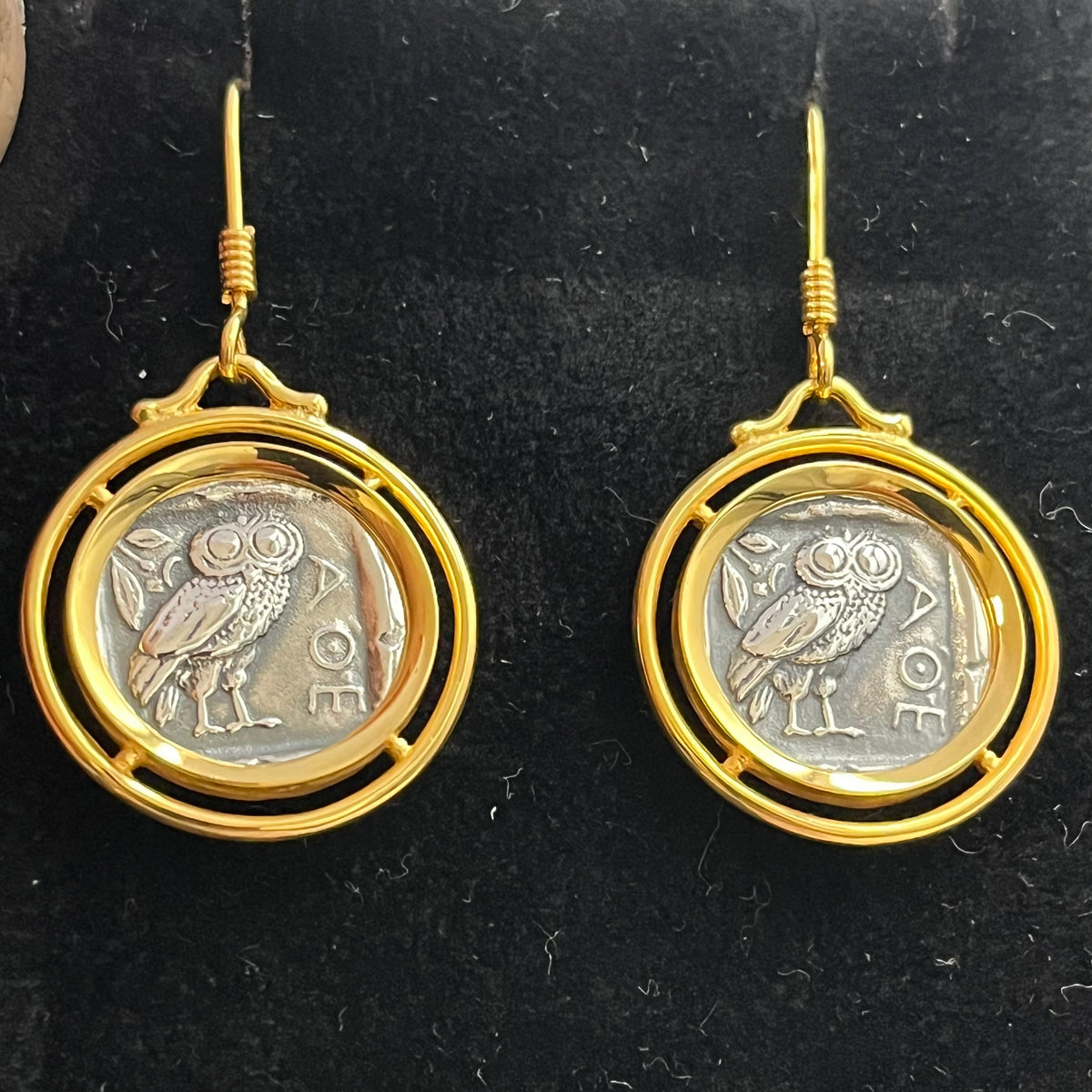 Vieilles pièces Boucles d'oreilles hibou en argent : Style grec ancien, déesse Athéna