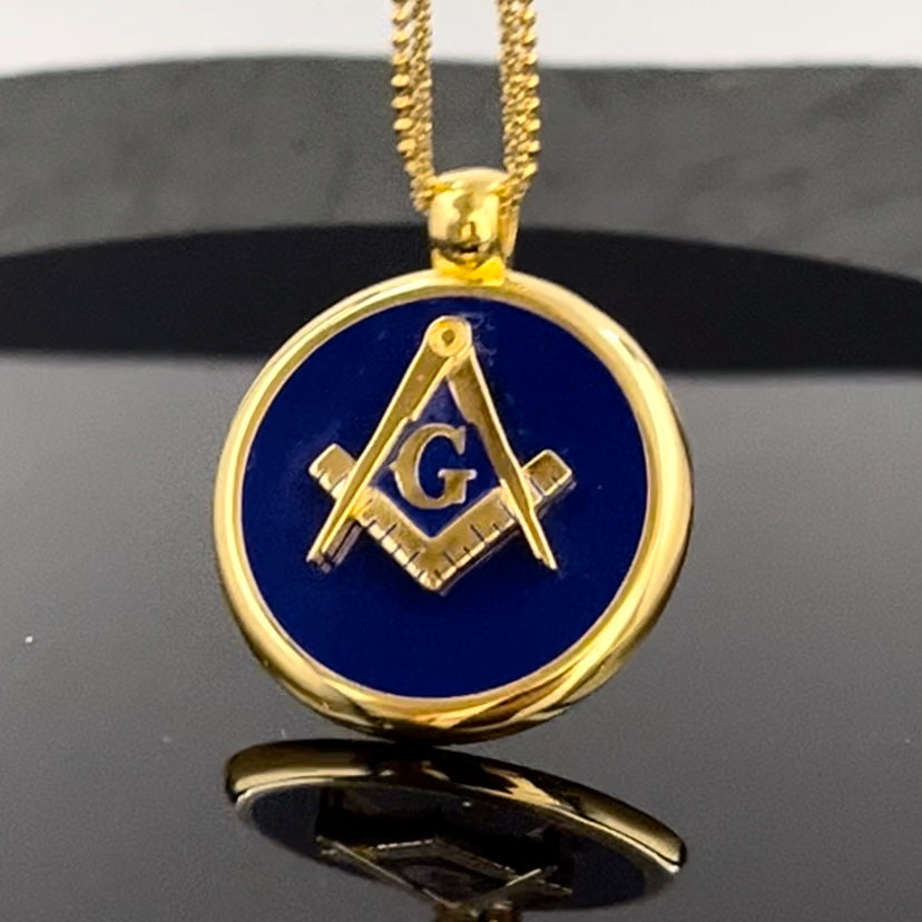 Collana Massonica, Squadra e Compasso Placcati Oro (Smalto Blu, Lunghezza Multipla)