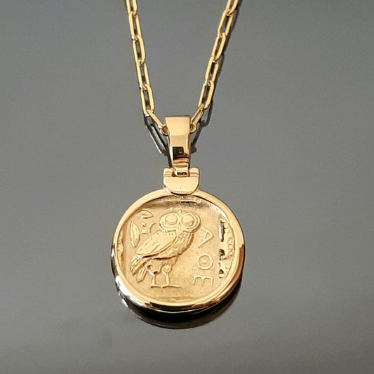 Greek Owl Pendant: Athena Tetradrachm Replica - Gold-Plated Sterling Silver