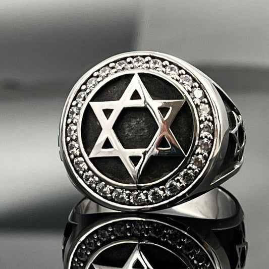 Sterling Silver David Star Ring: White Zirconia Accents - Handmade blackened