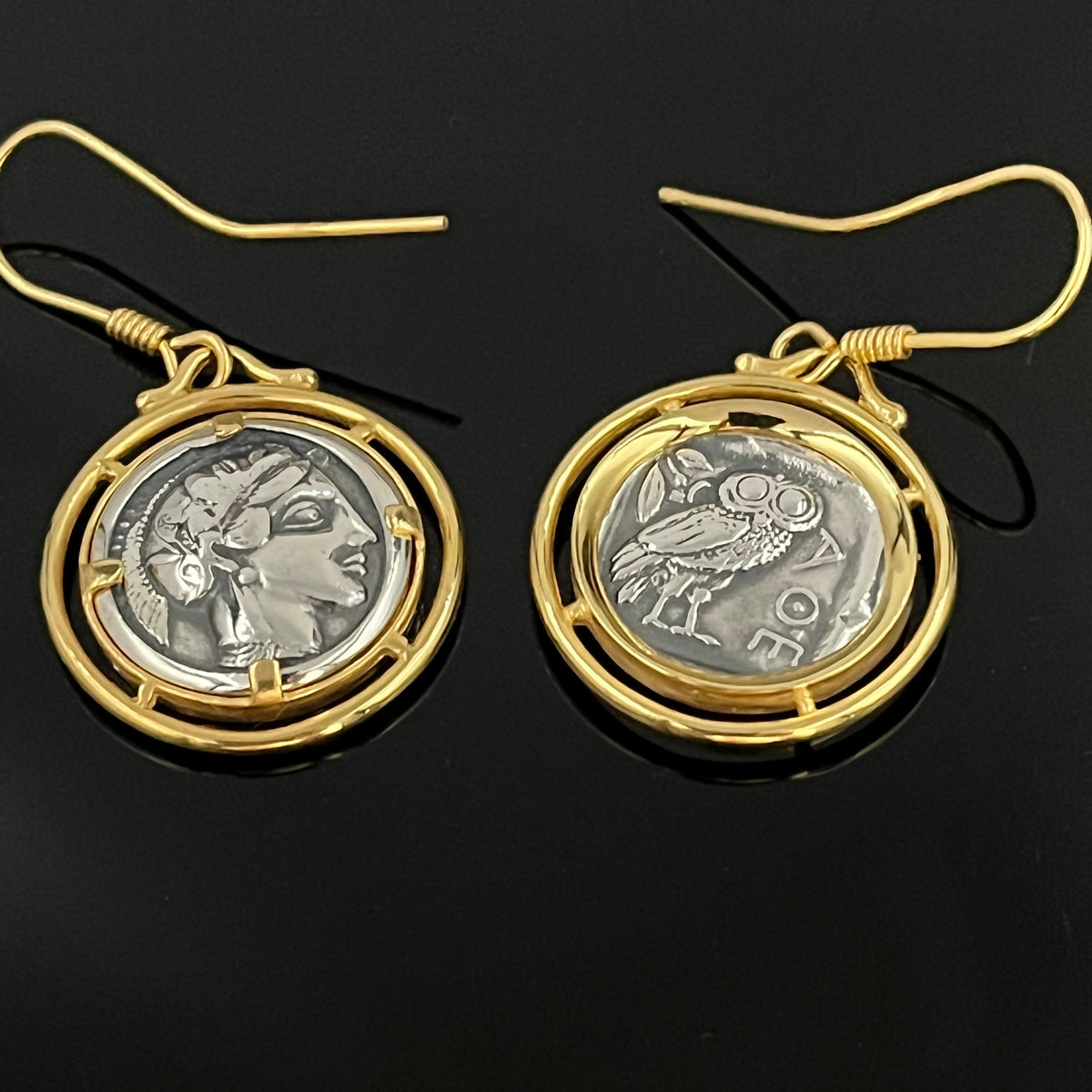 Vieilles pièces Boucles d'oreilles hibou en argent : Style grec ancien, déesse Athéna