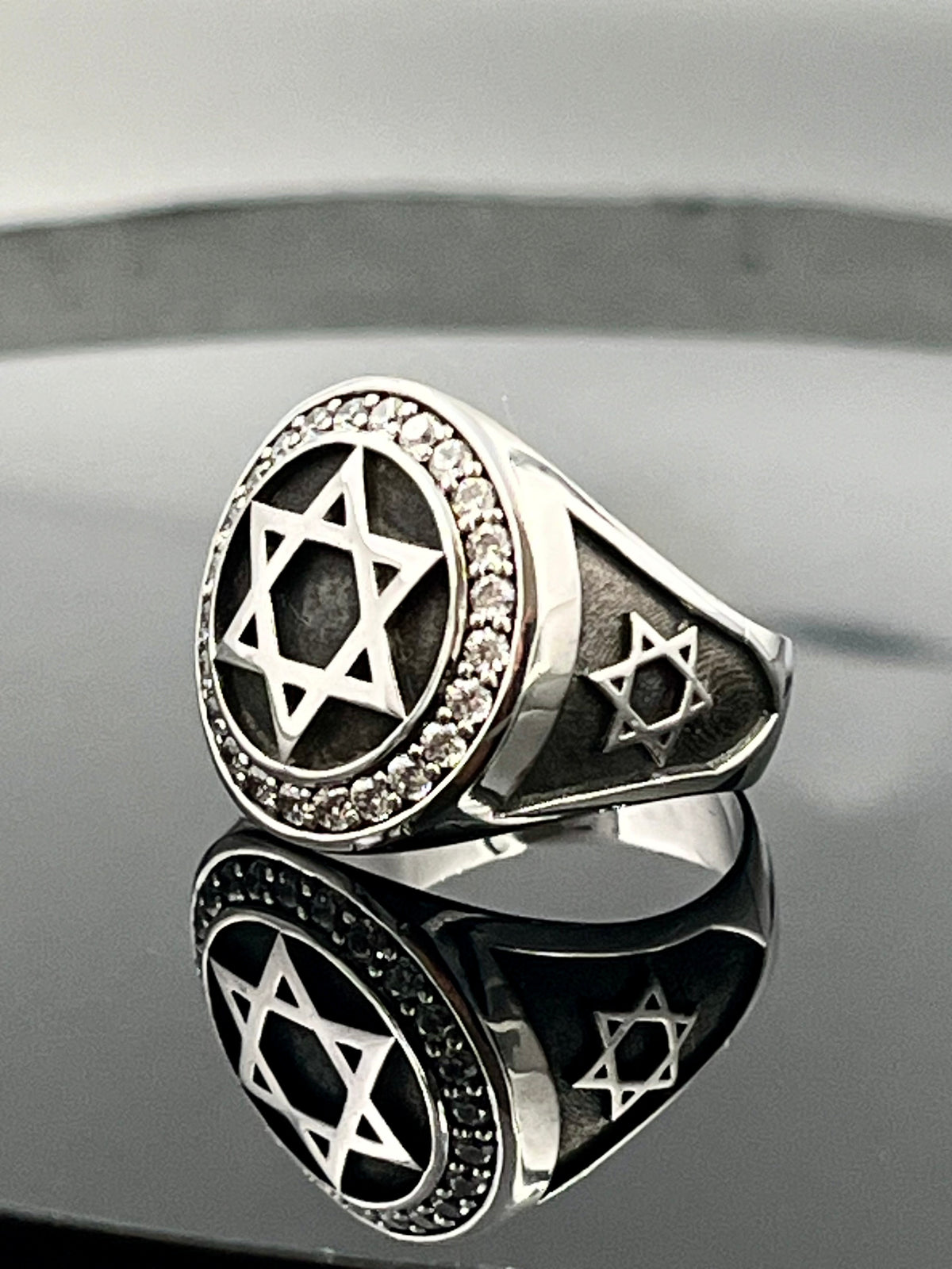 Sterling Silver David Star Ring: White Zirconia Accents - Handmade blackened