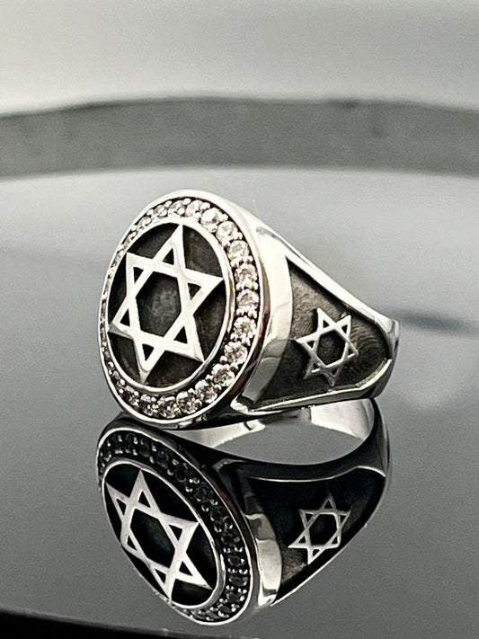 Sterling Silver David Star Ring: White Zirconia Accents - Handmade blackened