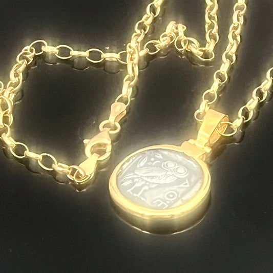 Eulen-Münz-Halskette: Griechischer Mythologie-Schmuck, Sterlingsilber, Athena