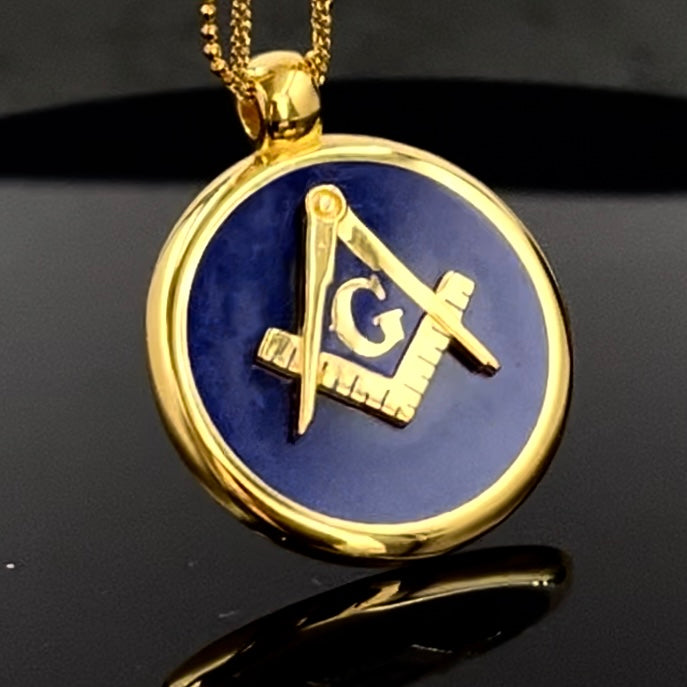 Collana Massonica, Squadra e Compasso Placcati Oro (Smalto Blu, Lunghezza Multipla)