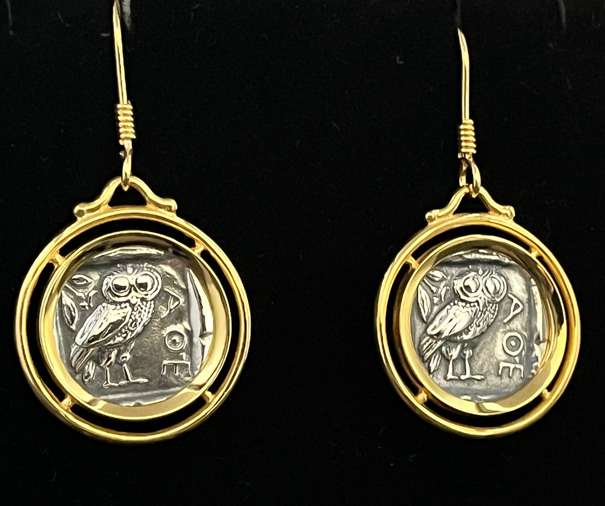 Vieilles pièces Boucles d'oreilles hibou en argent : Style grec ancien, déesse Athéna
