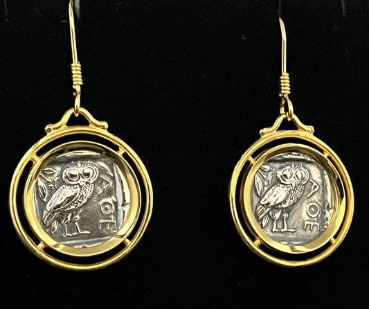Vieilles pièces Boucles d'oreilles hibou en argent : Style grec ancien, déesse Athéna