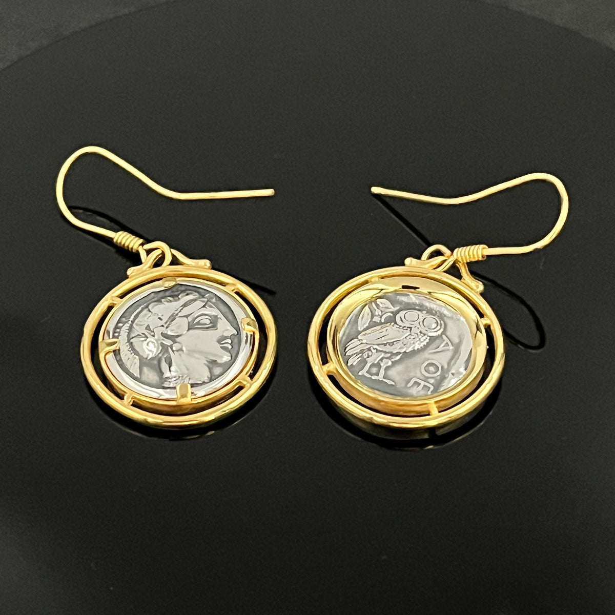 Vieilles pièces Boucles d'oreilles hibou en argent : Style grec ancien, déesse Athéna