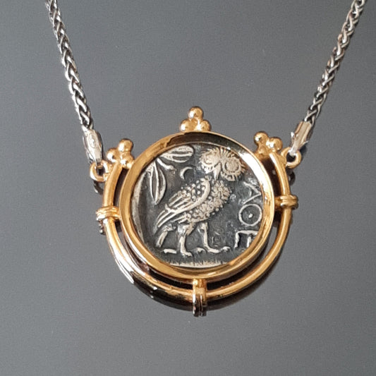Owl Coin Pendant: Gold-Plated Sterling Silver - Ancient Greek Tetradrachm