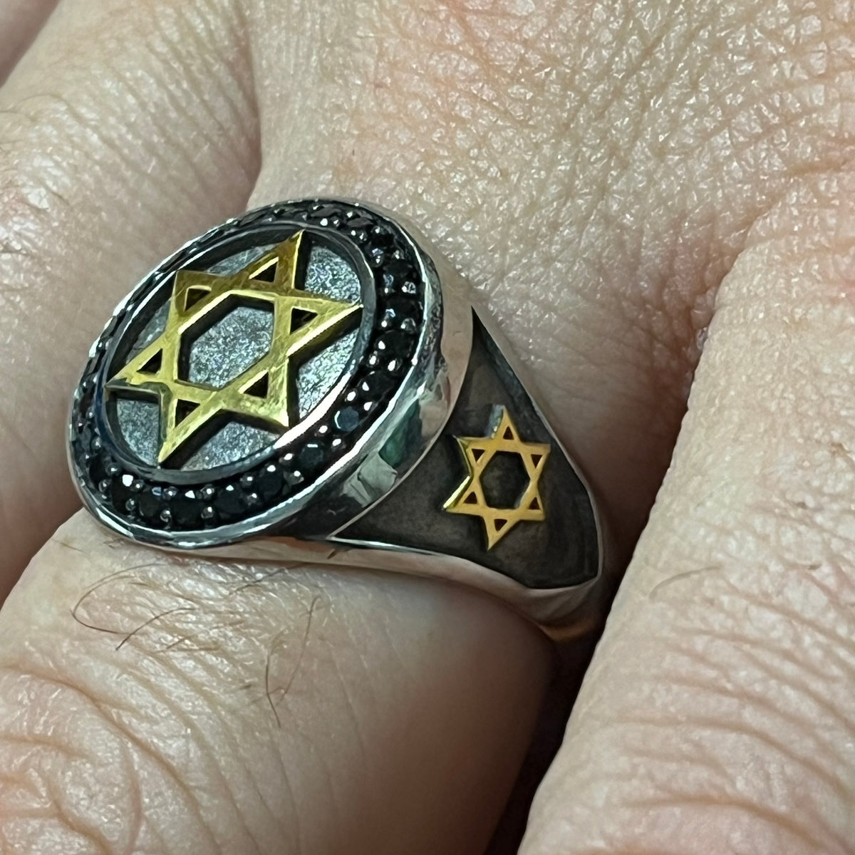 Sterling Silver David Star Ring: White Zirconia Accents - Handmade blackened