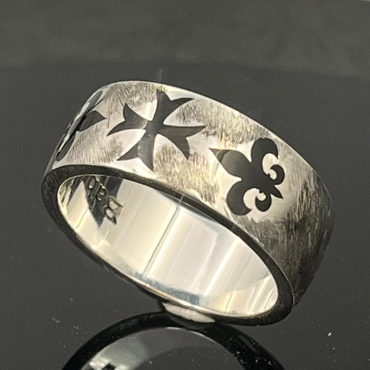 Templar Cross Ring: Sterling Silver Oxidized cross, Fleur de Lis