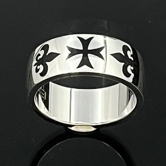 Anillo Cruz Templaria: Cruz cercelada de plata de ley, Flor de Lis