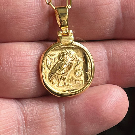 Greek Owl Pendant: Athena Tetradrachm Replica - Gold-Plated Sterling Silver