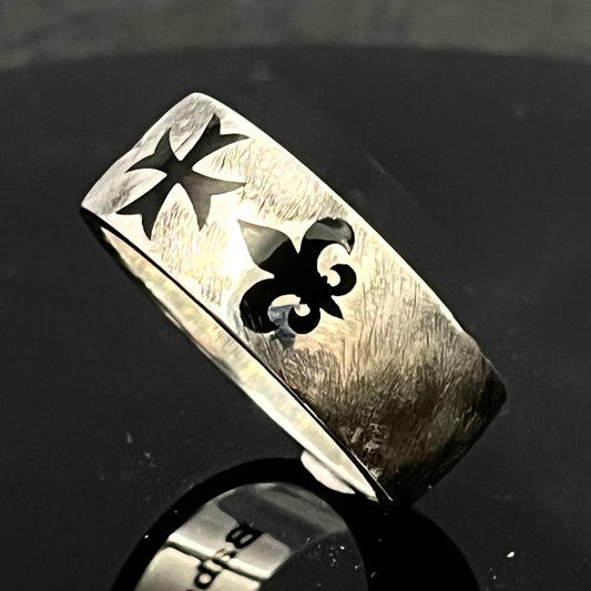 Templar Cross Ring: Sterling Silver Oxidized cross, Fleur de Lis