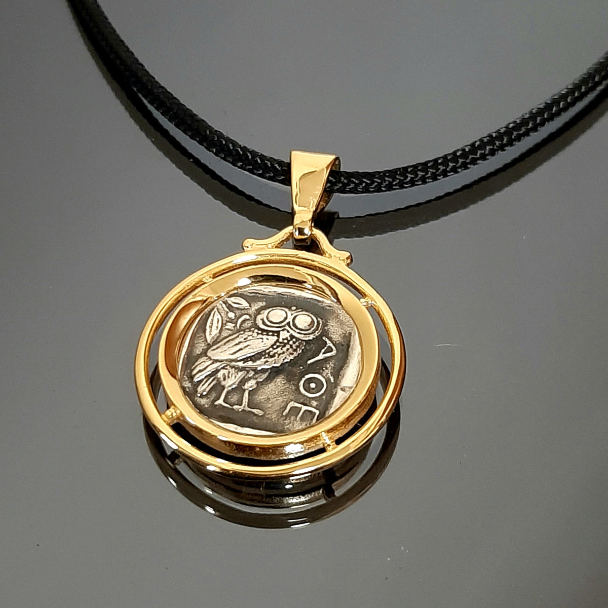 Owl coin Pendant: Gold-Plated Sterling Silver Two-Sided Greek Coin