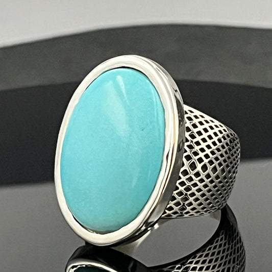 Large Turquoise Ring: Natural Oval Arizona Stone, Sterling Silver