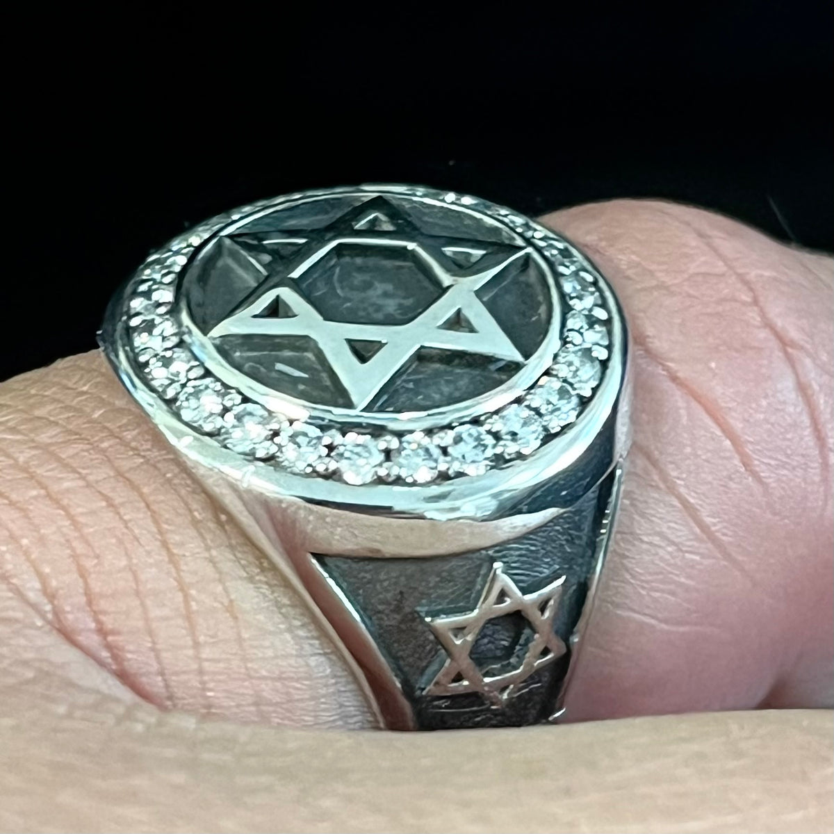Sterling Silver David Star Ring: White Zirconia Accents - Handmade blackened